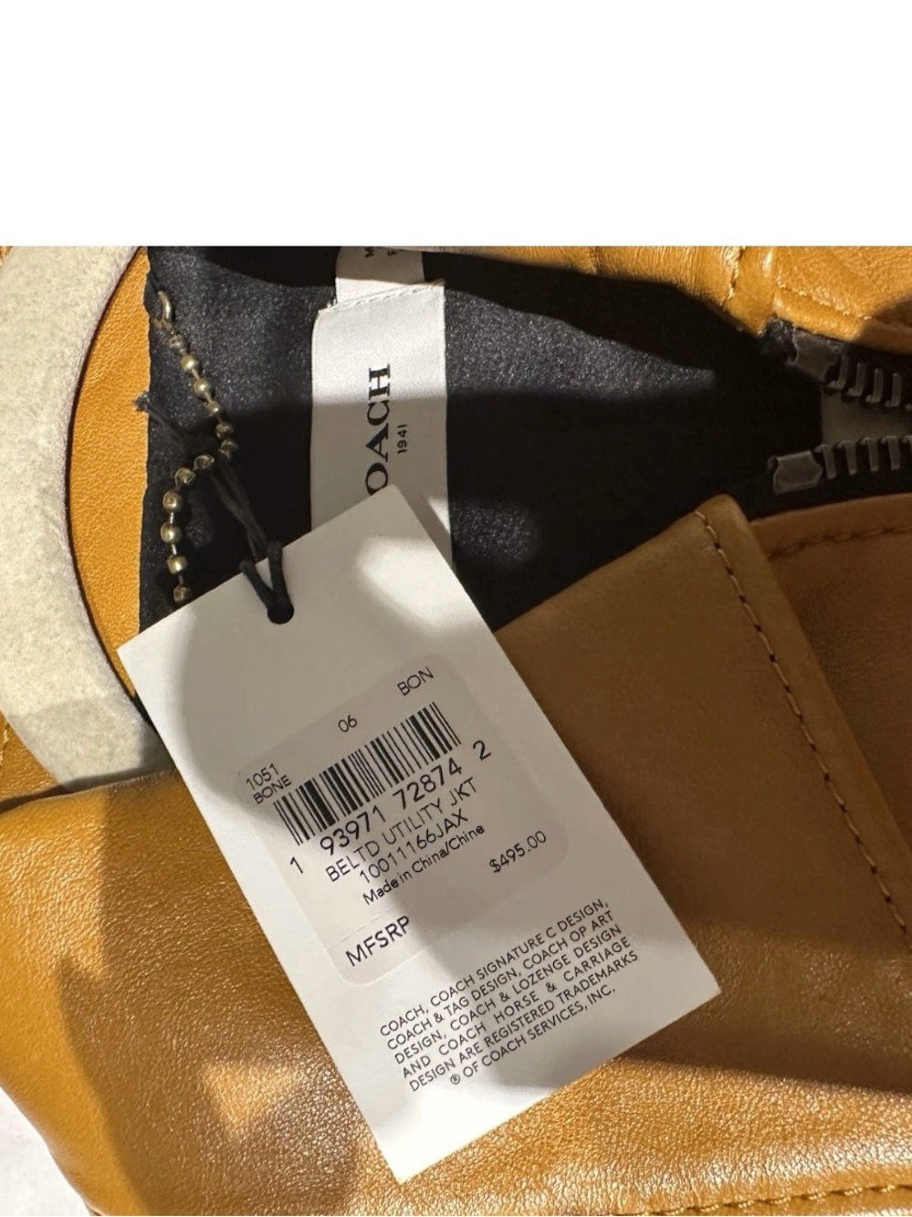 Coach Women's Cognac Leather Bomber Jacket with Dark Rib Hem - Picture 3 of 7